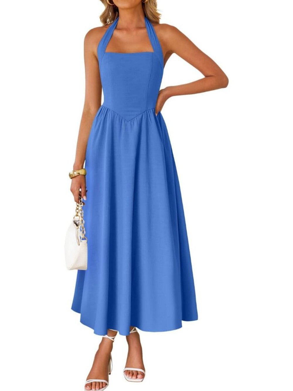 Women's Summer Sleeveless Halter Royal Blue Midi Off Shoulder Flowy Long Dress